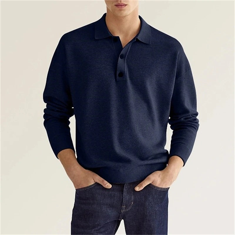 Long sleeve V-neck button down men's casual tops polo shirt
