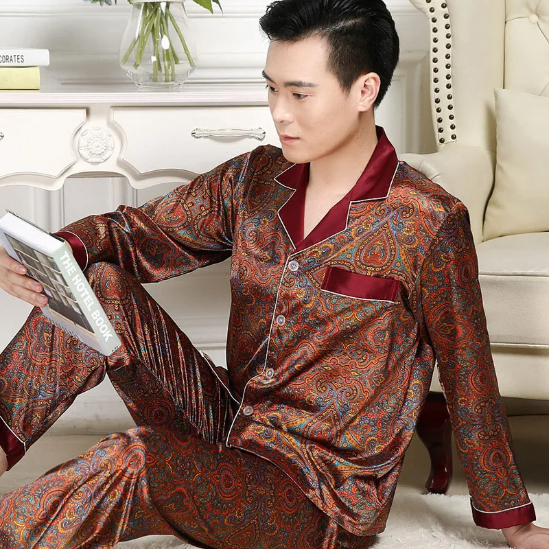 High Quality Pajamas Set Men Spring Autumn Thin Polyester Ice Silk Long-sleeved Sleepwear Plus Size Summer Home Clothes Male