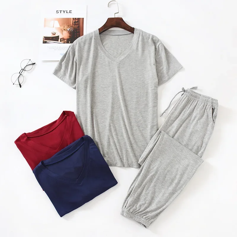 spring and summer men's pajamas suit modal viscose fiber short-sleeved trousers loose large size casual home wear