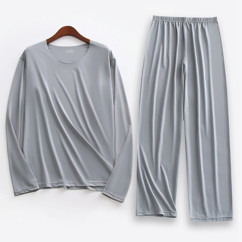 Large Size Men Ice Silk Pajamas Solid Shirt & Pants 2Pcs Pijamas Sleep Set Thin Home Clothing Sleepwear Summer Nightwear Suit