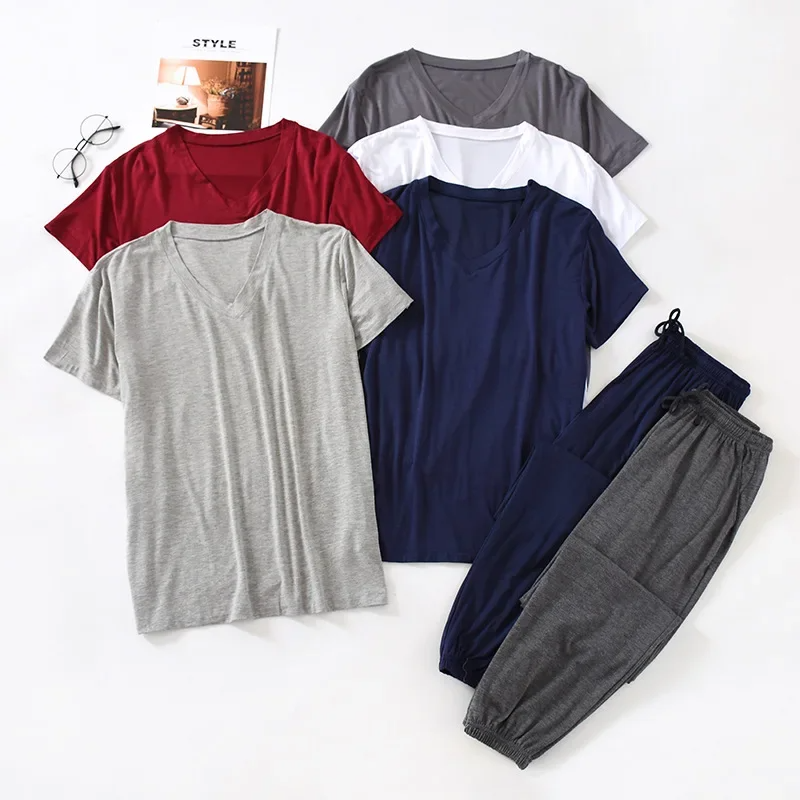 spring and summer men's pajamas suit modal viscose fiber short-sleeved trousers loose large size casual home wear