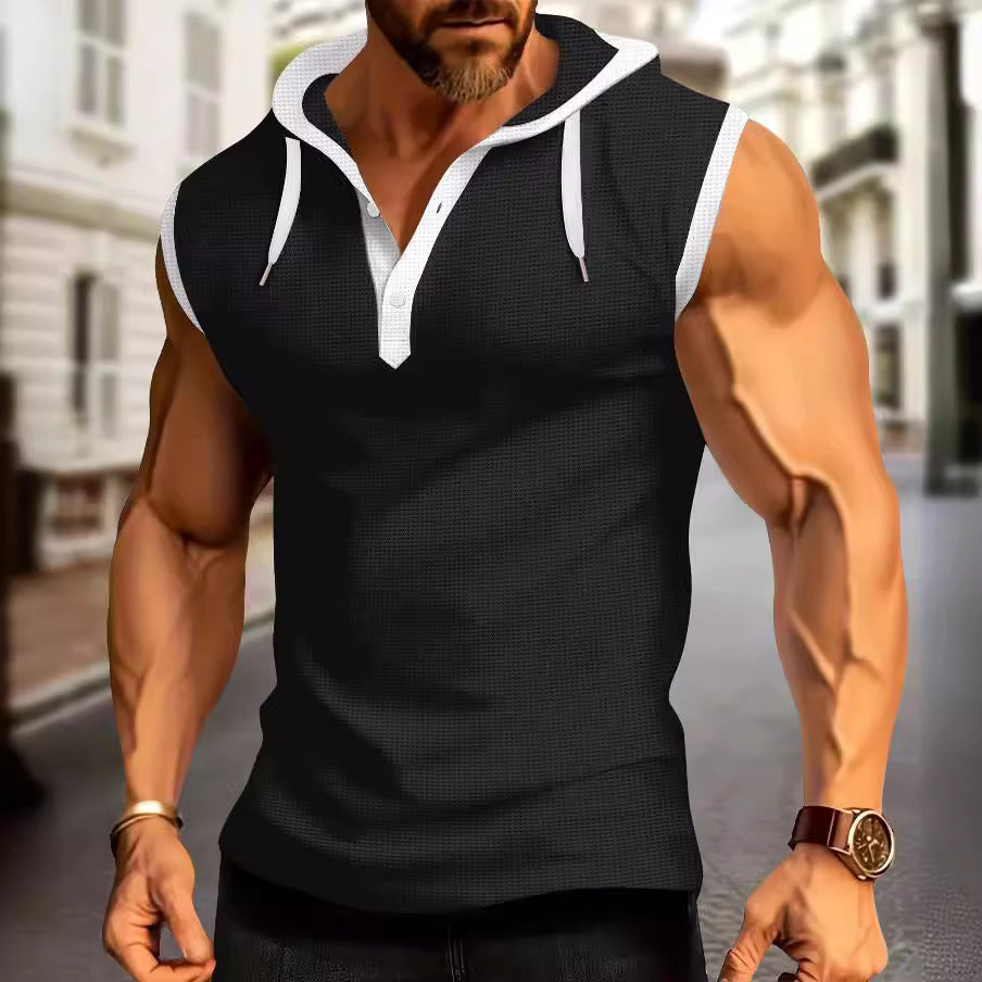 Fashion Plaid Short Sleeve Hooded Zipper Cardigan T-shirt Sleeveless T-shirt Men's Tops
