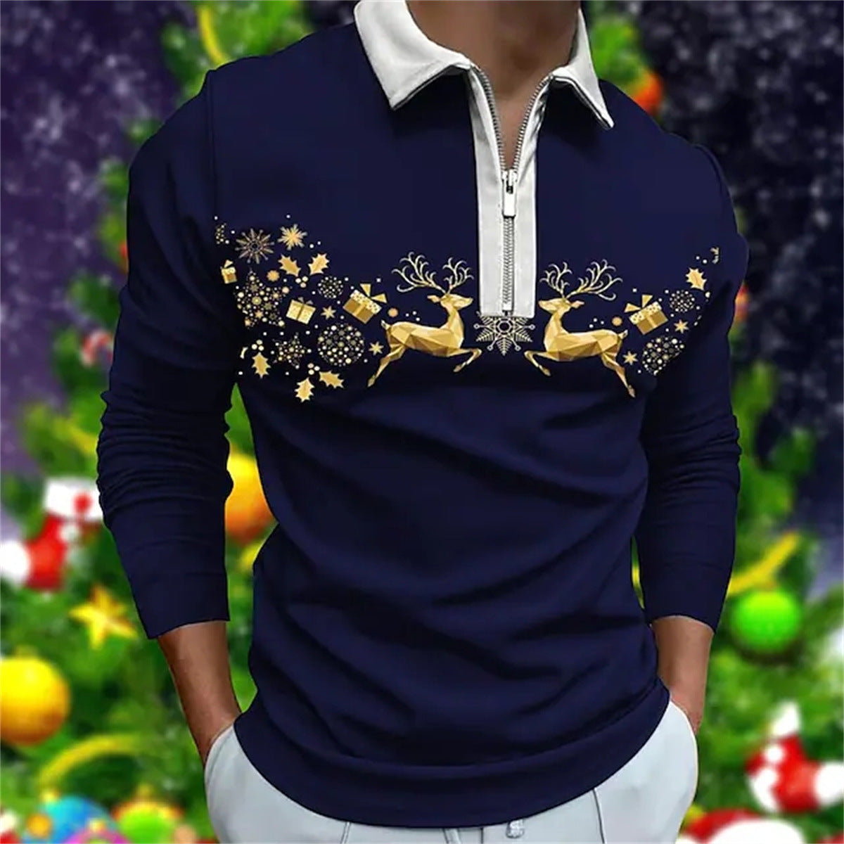 Men's casual lapel long-sleeved polo shirt