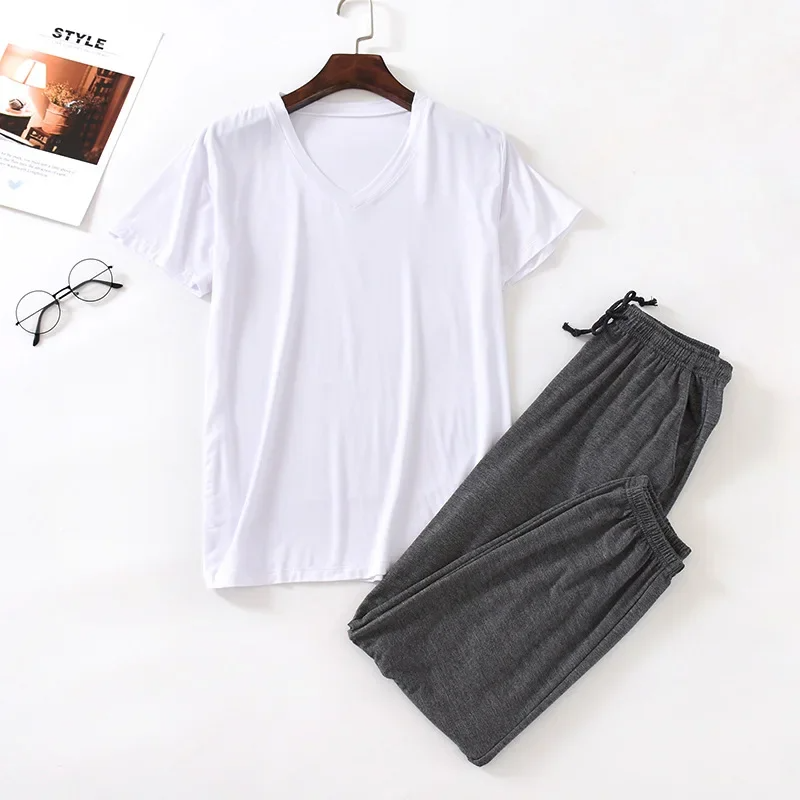 spring and summer men's pajamas suit modal viscose fiber short-sleeved trousers loose large size casual home wear