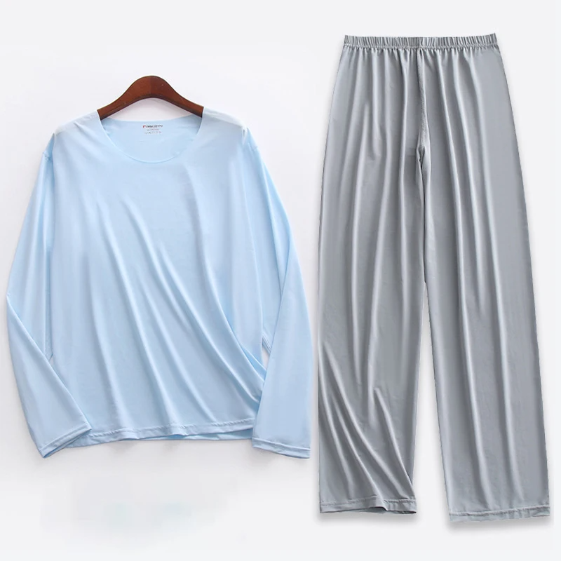 Large Size Men Ice Silk Pajamas Solid Shirt & Pants 2Pcs Pijamas Sleep Set Thin Home Clothing Sleepwear Summer Nightwear Suit