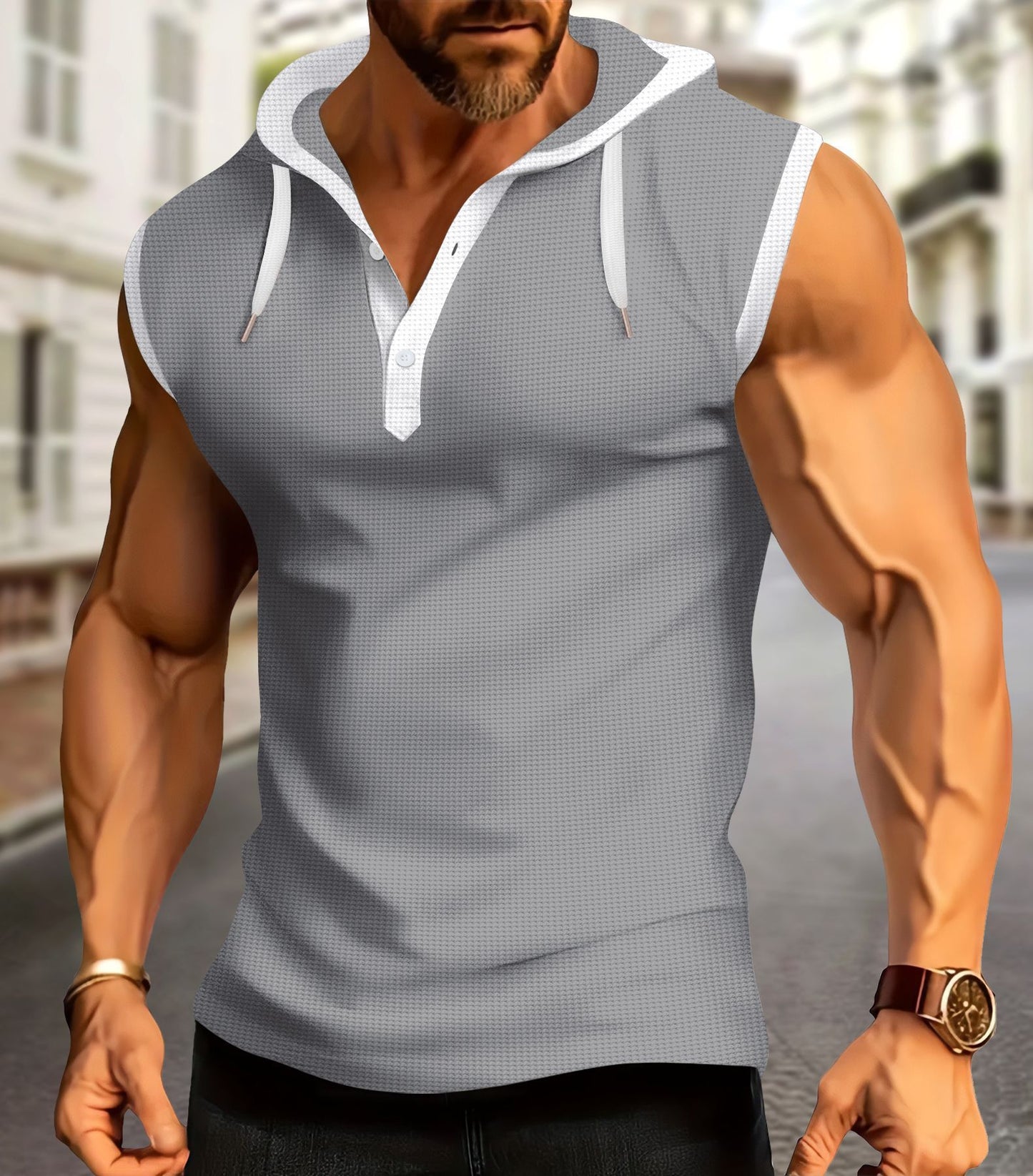 Fashion Plaid Short Sleeve Hooded Zipper Cardigan T-shirt Sleeveless T-shirt Men's Tops